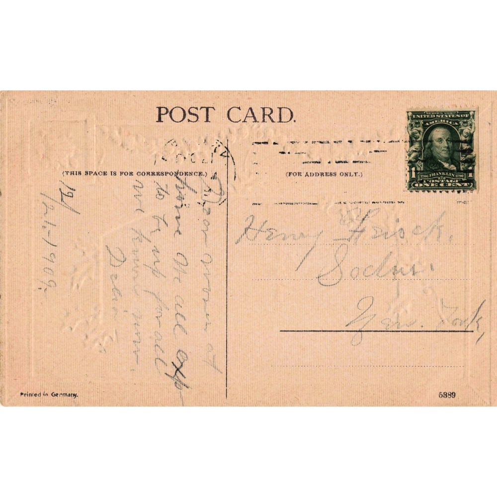 Antique 1909 Embossed Christmas Postcard Snowy Village Church Rose Holly Germany - Picture 2 of 2